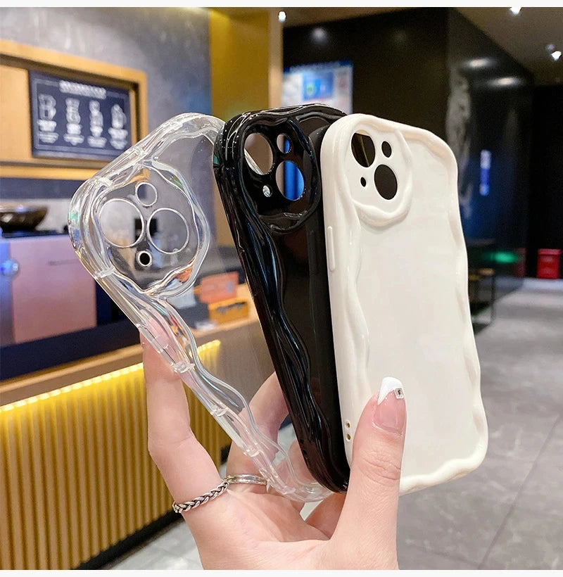 Wave Pattern Solid Color Cream For iPhone 11 12 13 14 15 16 Pro Max Plus Mini Transparent Resistant Couple Clear Shockproof Case