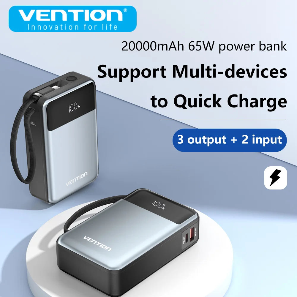 Vention Power Bank 20000mAh 65W PD Fast Charger with Built-in Type-C Cable External Spare Battery Portable Power Bank for Laptop