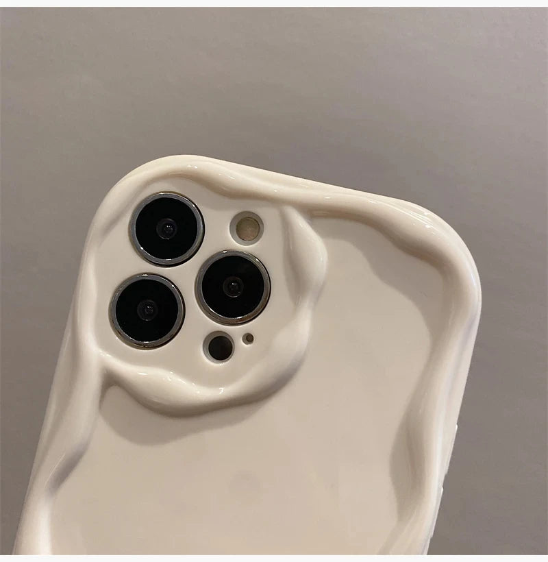 Wave Pattern Solid Color Cream For iPhone 11 12 13 14 15 16 Pro Max Plus Mini Transparent Resistant Couple Clear Shockproof Case