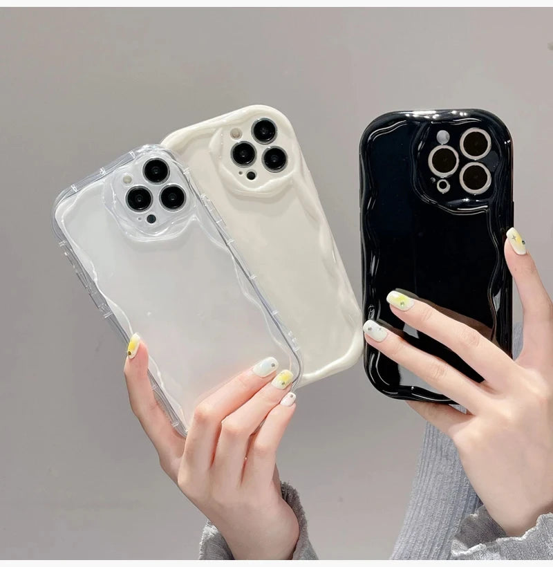 Wave Pattern Solid Color Cream For iPhone 11 12 13 14 15 16 Pro Max Plus Mini Transparent Resistant Couple Clear Shockproof Case