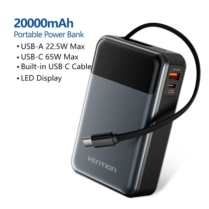 Vention Power Bank 20000mAh 65W PD Fast Charger with Built-in Type-C Cable External Spare Battery Portable Power Bank for Laptop