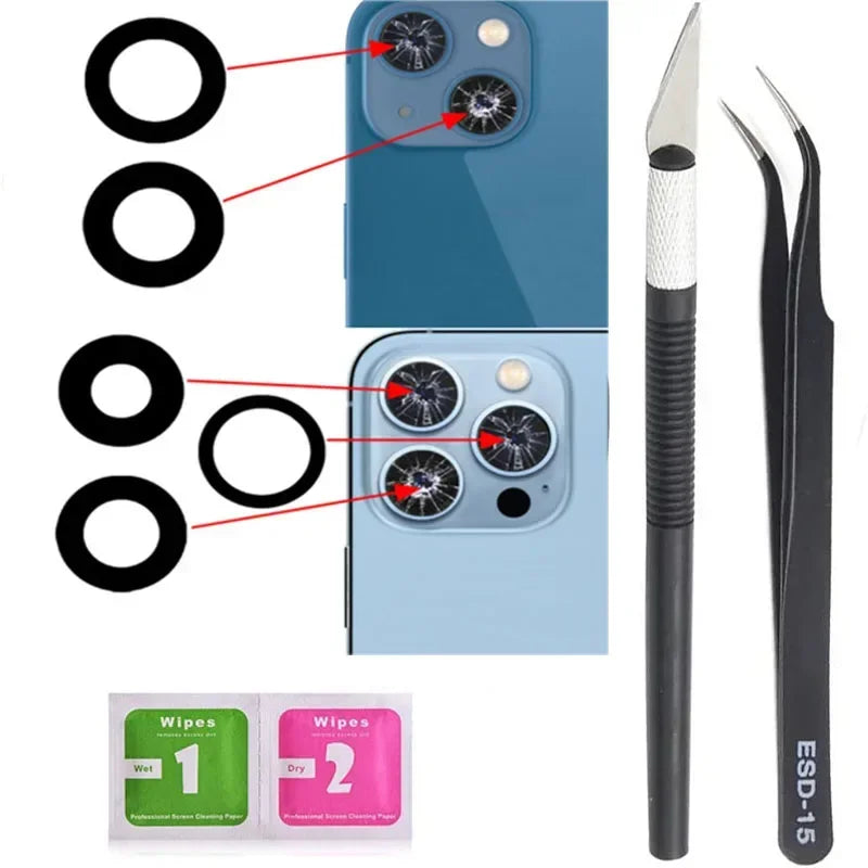 2Sets Sapphire Back Rear Camera Glass Lens with Tape & Repair Tool Kit For iPhone 11 14 15 12 13 Mini Pro Max Replacement part