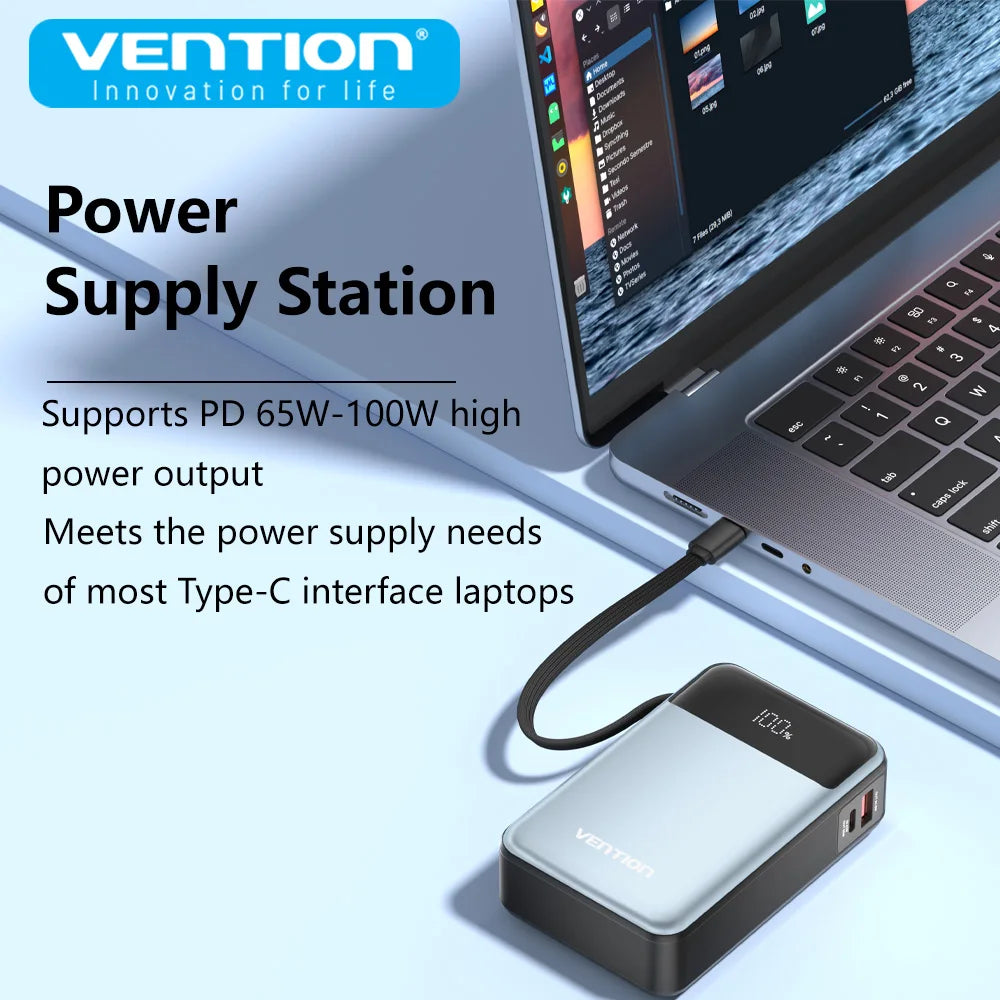 Vention Power Bank 20000mAh 65W PD Fast Charger with Built-in Type-C Cable External Spare Battery Portable Power Bank for Laptop
