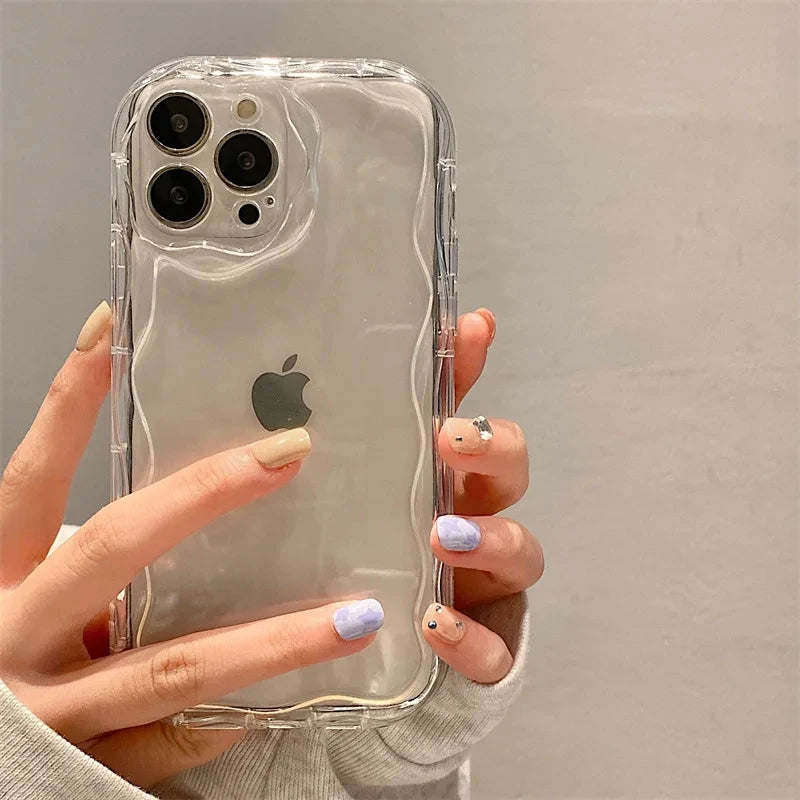 Wave Pattern Solid Color Cream For iPhone 11 12 13 14 15 16 Pro Max Plus Mini Transparent Resistant Couple Clear Shockproof Case