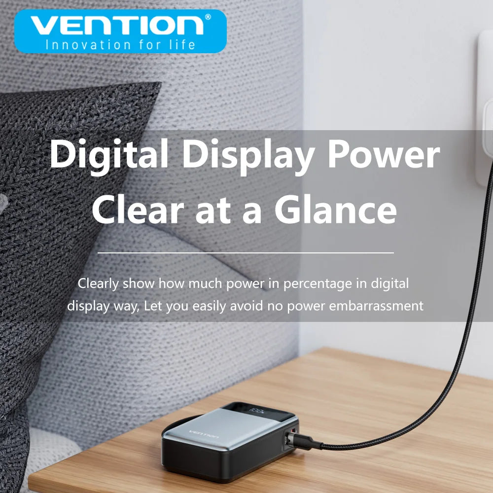 Vention Power Bank 20000mAh 65W PD Fast Charger with Built-in Type-C Cable External Spare Battery Portable Power Bank for Laptop