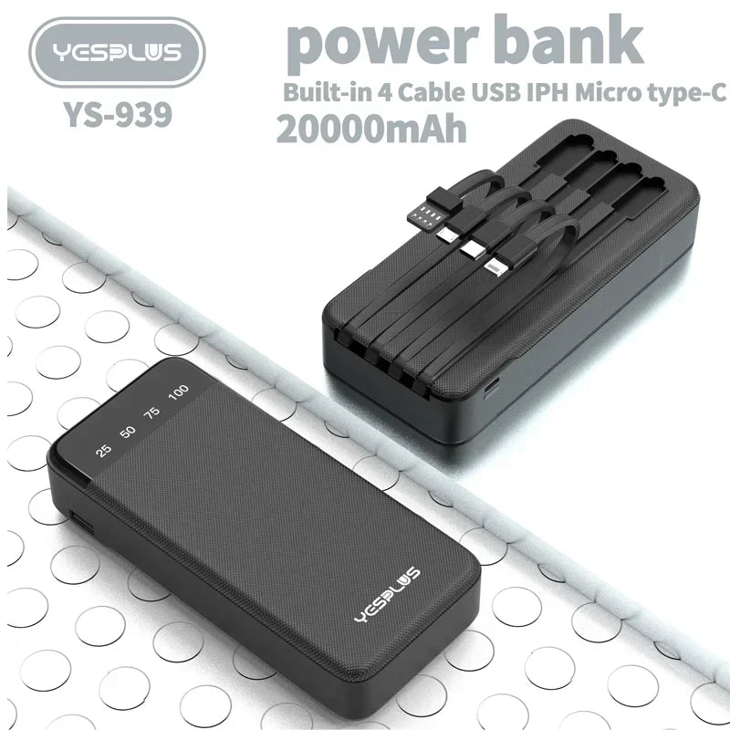 Power Bank 10000/20000mAh Large Capacity Fast Charging External Battery Comes with 4Wire Charger LED Display Portable Power Bank