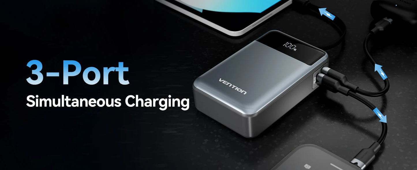 Vention Power Bank 20000mAh 65W PD Fast Charger with Built-in Type-C Cable External Spare Battery Portable Power Bank for Laptop