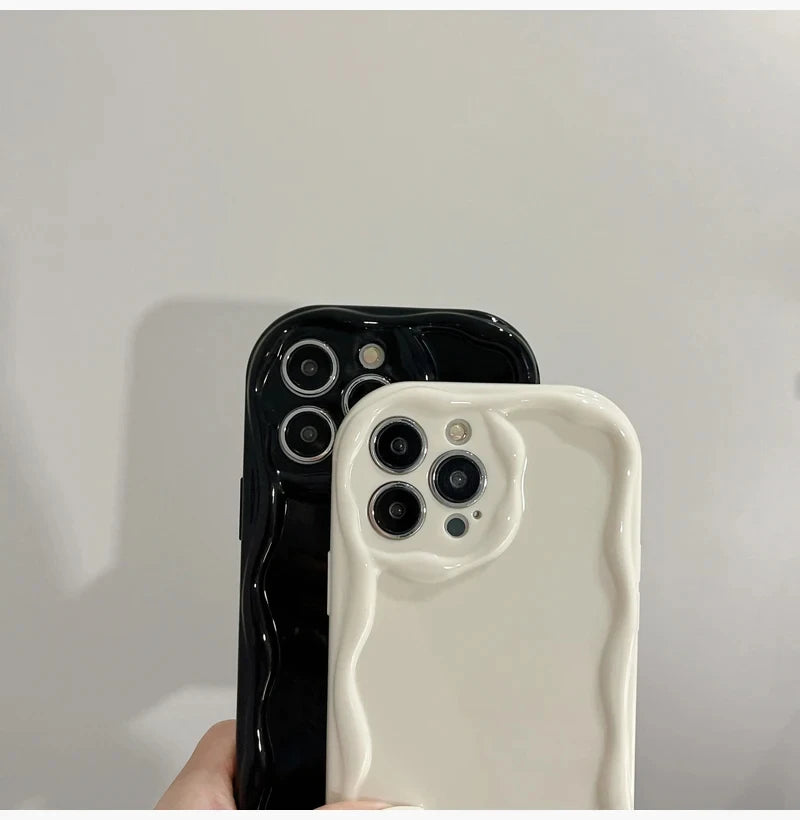 Wave Pattern Solid Color Cream For iPhone 11 12 13 14 15 16 Pro Max Plus Mini Transparent Resistant Couple Clear Shockproof Case
