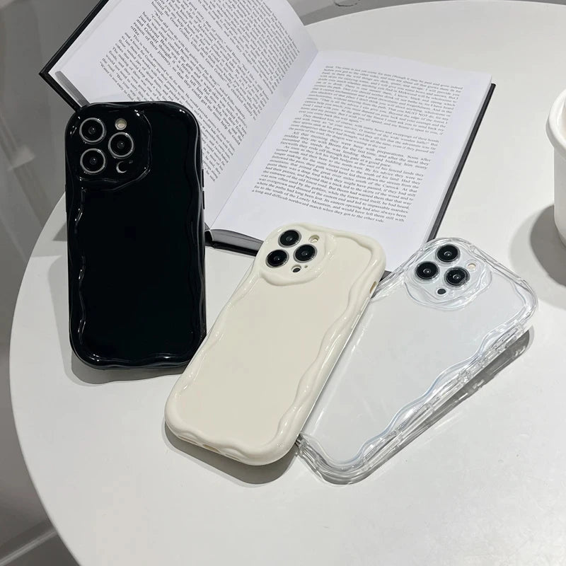 Wave Pattern Solid Color Cream For iPhone 11 12 13 14 15 16 Pro Max Plus Mini Transparent Resistant Couple Clear Shockproof Case