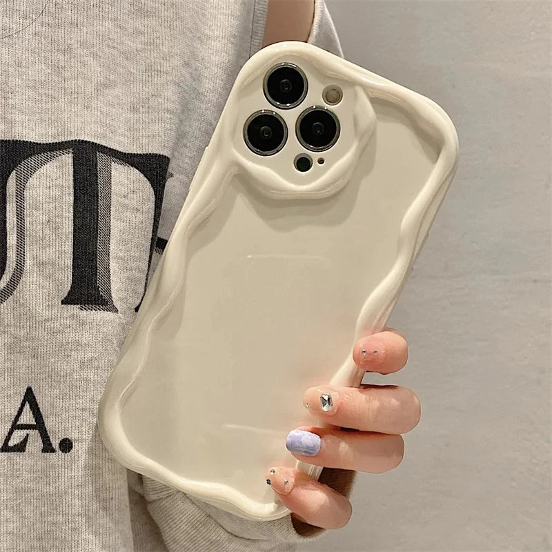 Wave Pattern Solid Color Cream For iPhone 11 12 13 14 15 16 Pro Max Plus Mini Transparent Resistant Couple Clear Shockproof Case