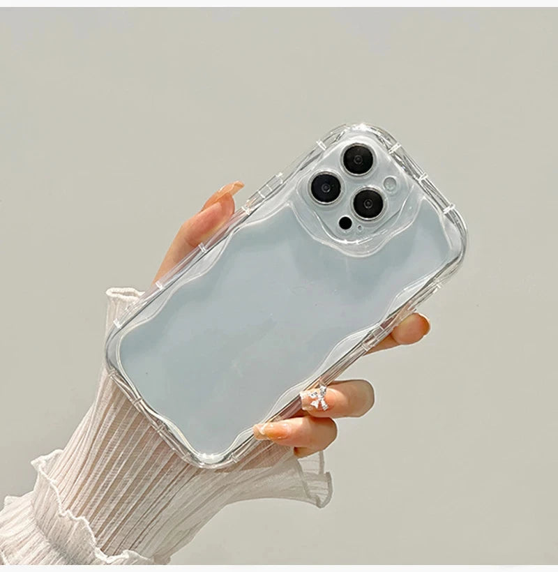 Wave Pattern Solid Color Cream For iPhone 11 12 13 14 15 16 Pro Max Plus Mini Transparent Resistant Couple Clear Shockproof Case