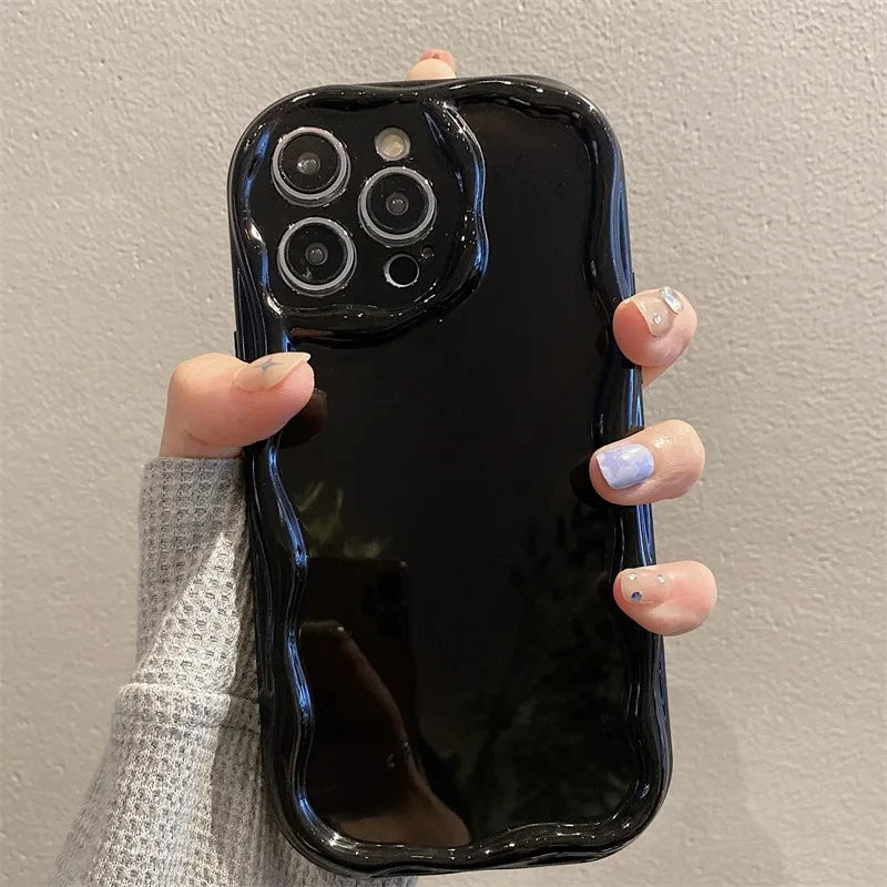 Wave Pattern Solid Color Cream For iPhone 11 12 13 14 15 16 Pro Max Plus Mini Transparent Resistant Couple Clear Shockproof Case