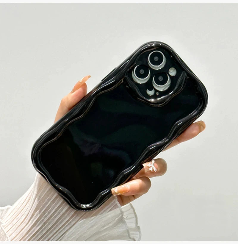 Wave Pattern Solid Color Cream For iPhone 11 12 13 14 15 16 Pro Max Plus Mini Transparent Resistant Couple Clear Shockproof Case