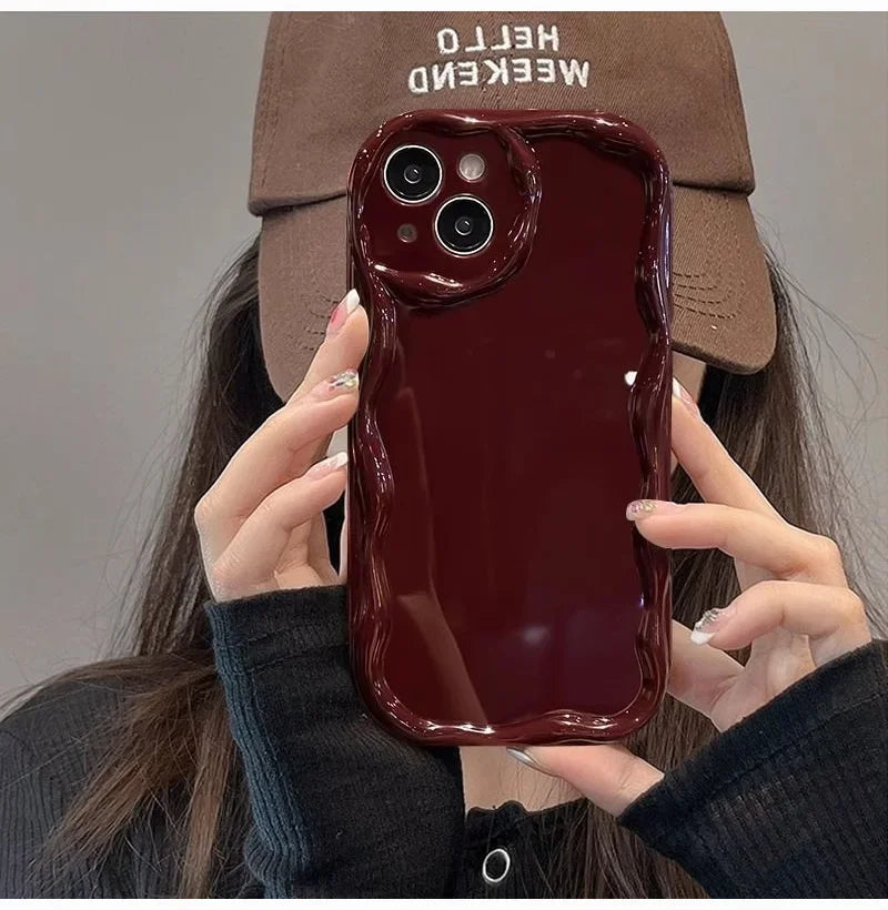 Wave Pattern Solid Color Cream For iPhone 11 12 13 14 15 16 Pro Max Plus Mini Transparent Resistant Couple Clear Shockproof Case