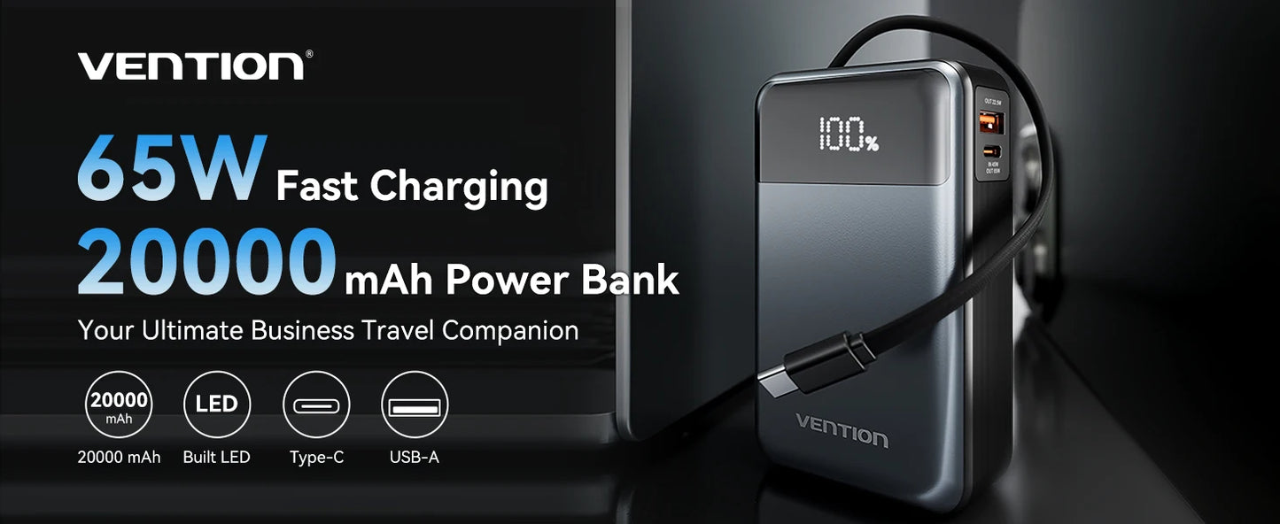 Vention Power Bank 20000mAh 65W PD Fast Charger with Built-in Type-C Cable External Spare Battery Portable Power Bank for Laptop