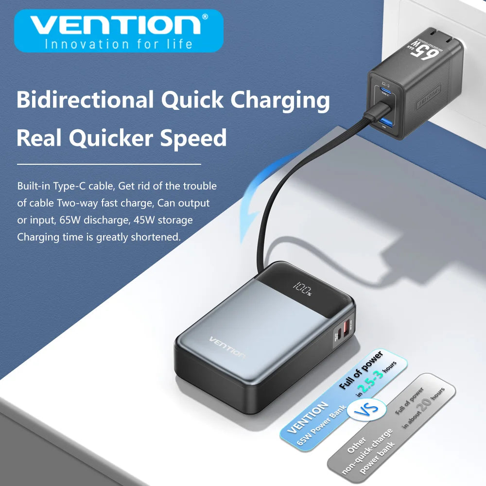 Vention Power Bank 20000mAh 65W PD Fast Charger with Built-in Type-C Cable External Spare Battery Portable Power Bank for Laptop