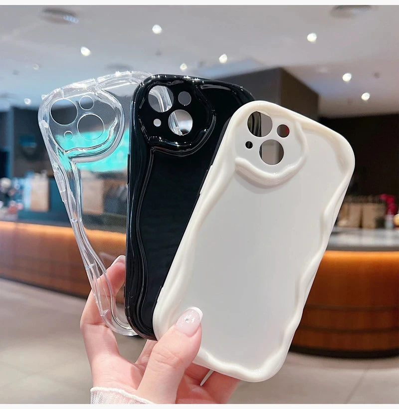 Wave Pattern Solid Color Cream For iPhone 11 12 13 14 15 16 Pro Max Plus Mini Transparent Resistant Couple Clear Shockproof Case