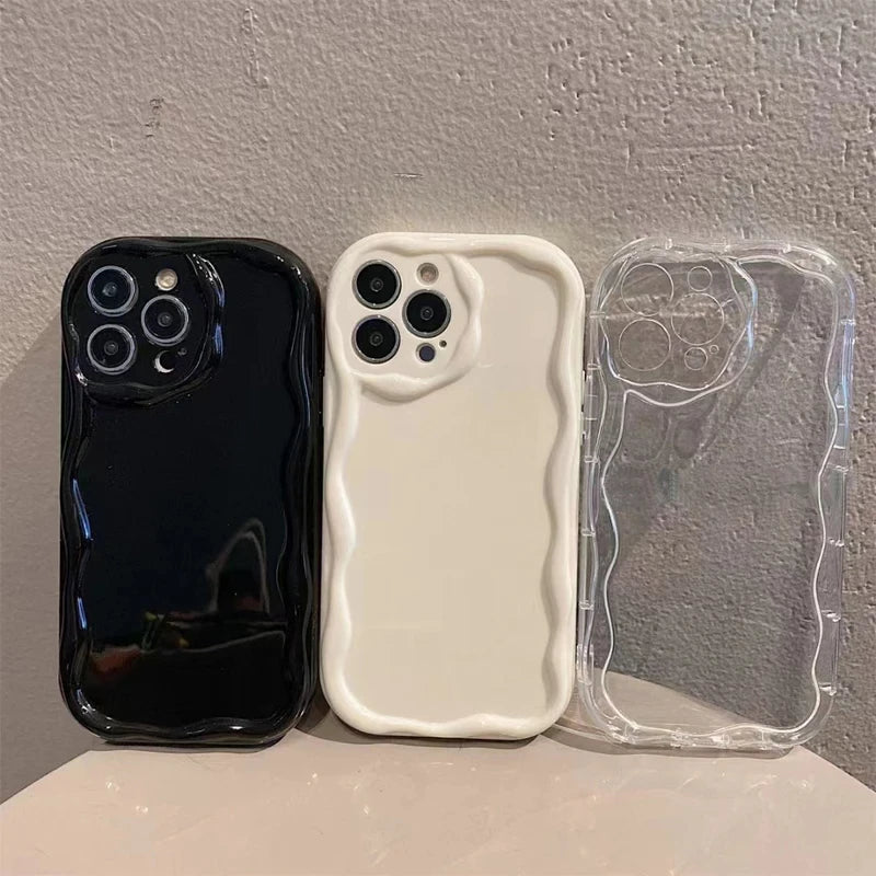 Wave Pattern Solid Color Cream For iPhone 11 12 13 14 15 16 Pro Max Plus Mini Transparent Resistant Couple Clear Shockproof Case