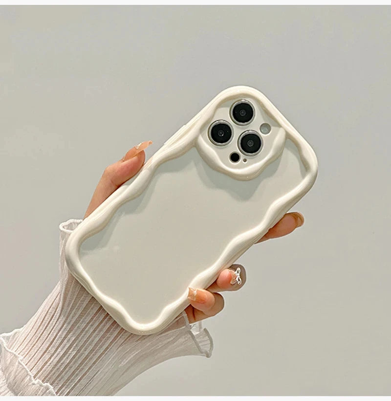 Wave Pattern Solid Color Cream For iPhone 11 12 13 14 15 16 Pro Max Plus Mini Transparent Resistant Couple Clear Shockproof Case