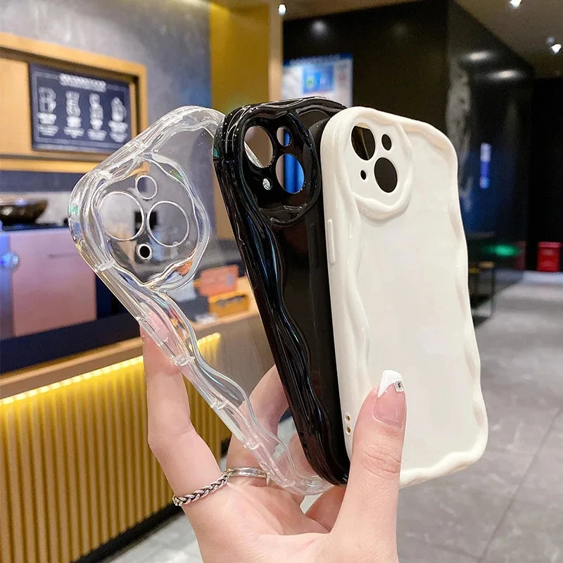 Wave Pattern Solid Color Cream For iPhone 11 12 13 14 15 16 Pro Max Plus Mini Transparent Resistant Couple Clear Shockproof Case