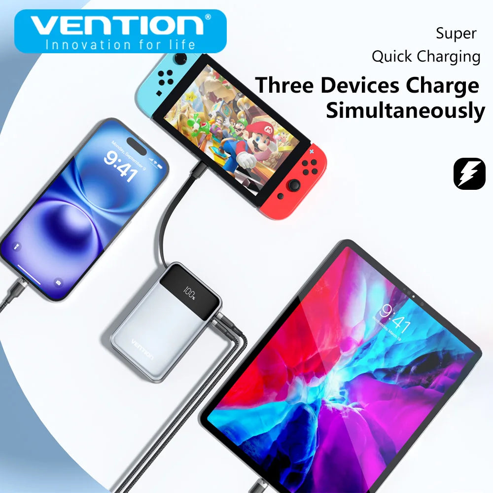 Vention Power Bank 20000mAh 65W PD Fast Charger with Built-in Type-C Cable External Spare Battery Portable Power Bank for Laptop