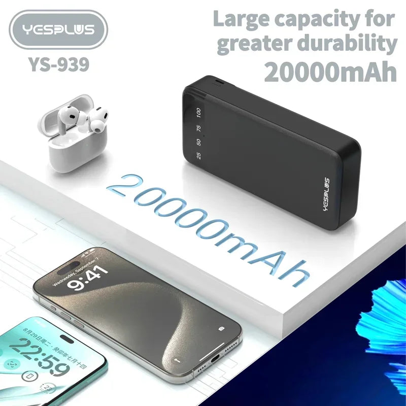 Power Bank 10000/20000mAh Large Capacity Fast Charging External Battery Comes with 4Wire Charger LED Display Portable Power Bank
