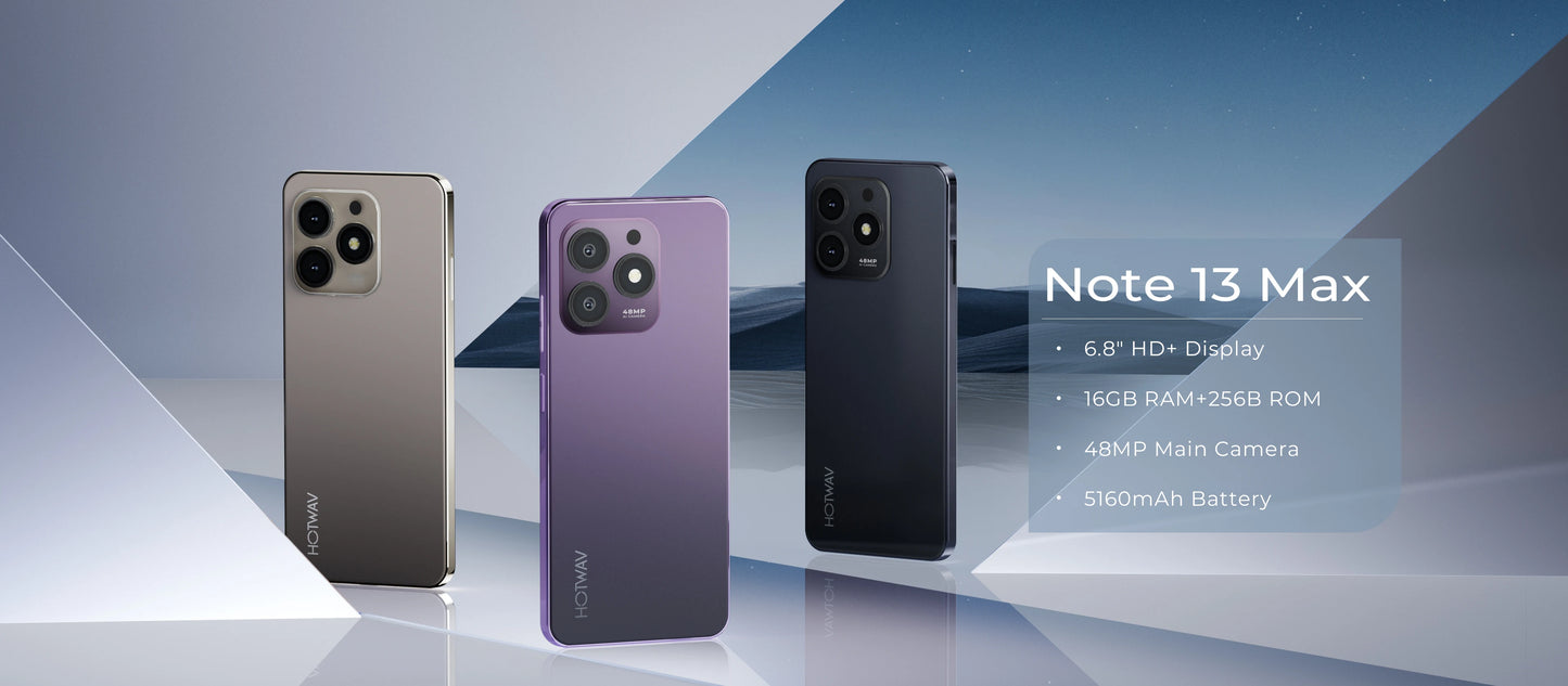 HOTWAV Note 13 Max Mobile Phone Android 14 6.8'' HD+ 16(6+10)GB 256GB Cellphone 48MP 5160mAh 9.2mm Ultra-Thin Smartphone