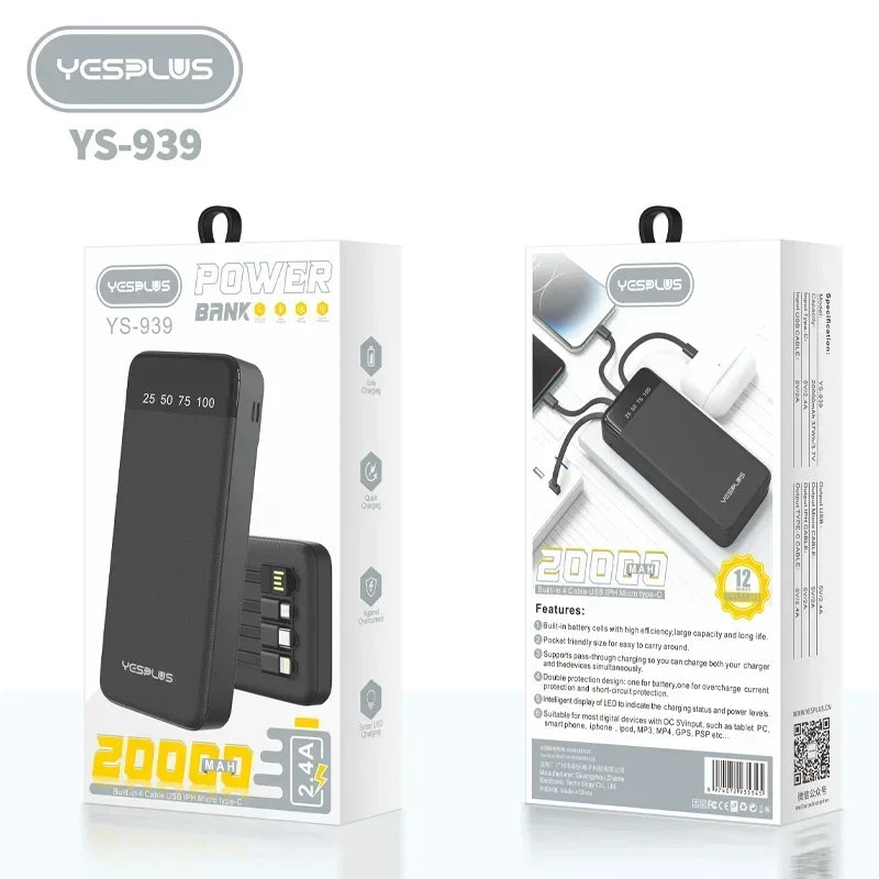 Power Bank 10000/20000mAh Large Capacity Fast Charging External Battery Comes with 4Wire Charger LED Display Portable Power Bank