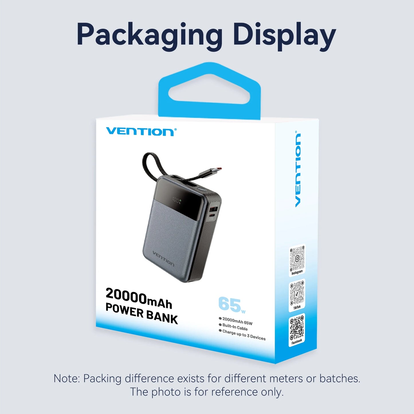 Vention Power Bank 20000mAh 65W PD Fast Charger with Built-in Type-C Cable External Spare Battery Portable Power Bank for Laptop