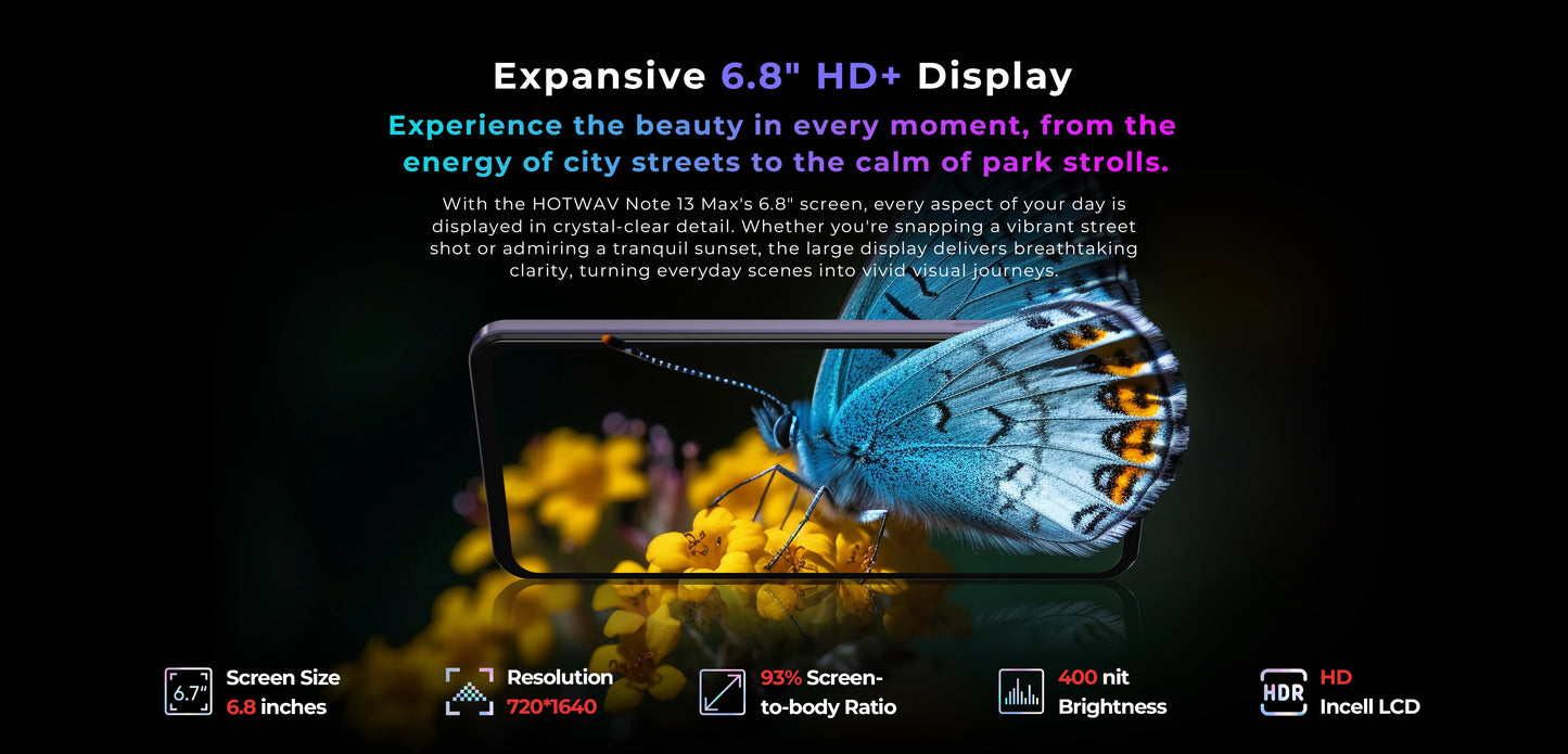 HOTWAV Note 13 Max Mobile Phone Android 14 6.8'' HD+ 16(6+10)GB 256GB Cellphone 48MP 5160mAh 9.2mm Ultra-Thin Smartphone