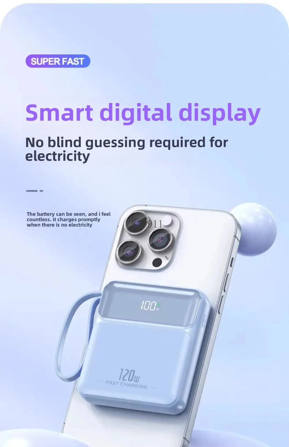 A Brand-new 120W Three-in-one 20,000mah Super Fast Power Bank with Large Capacity, Built-in Cable and Digital Display Powerbank