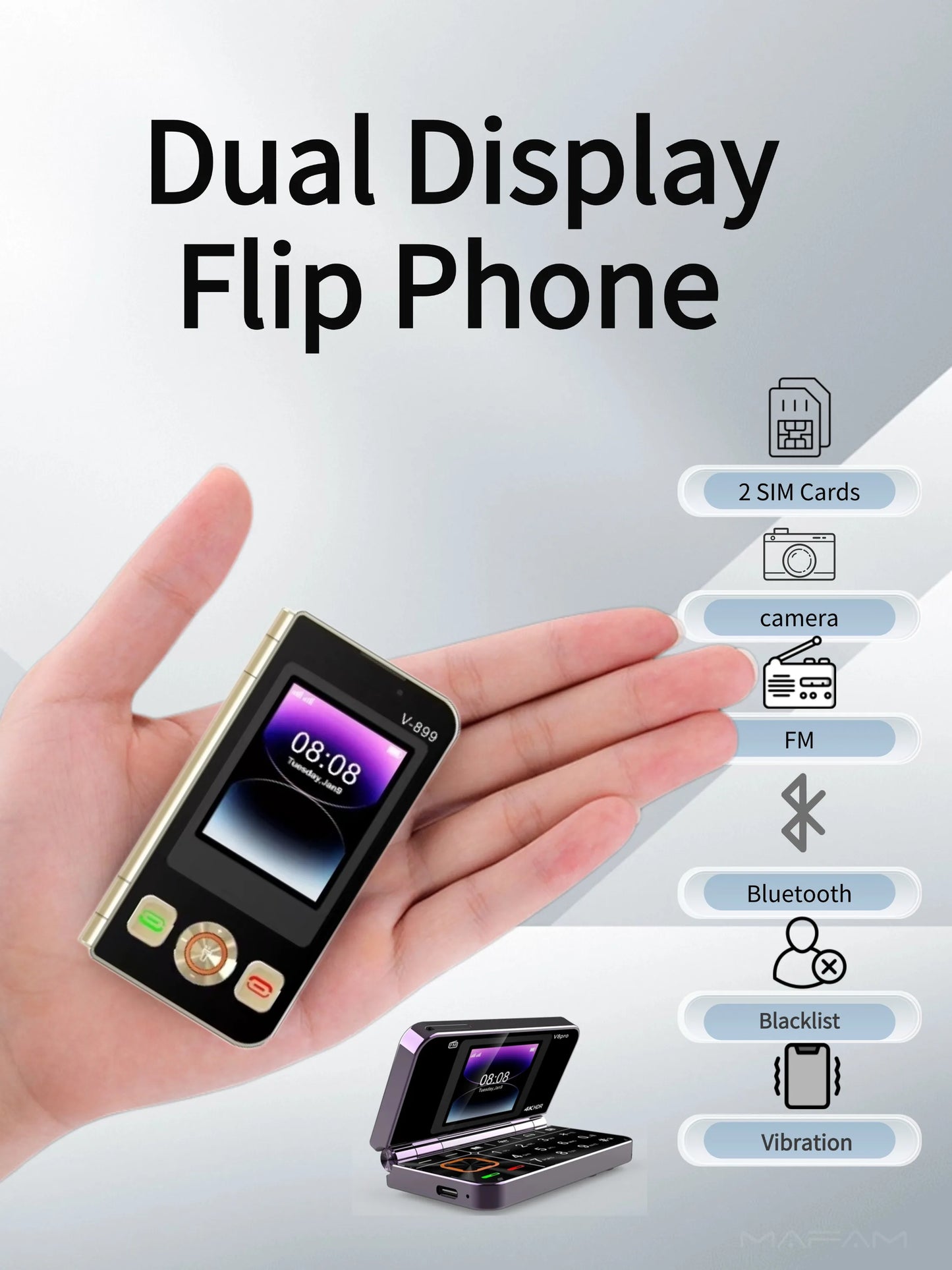 Mafam V899 Classic Folded Push Button Phone Clamshell Two Screens Torch Small Size Dual Sim Cards Pocket Senior Phone Unlocked